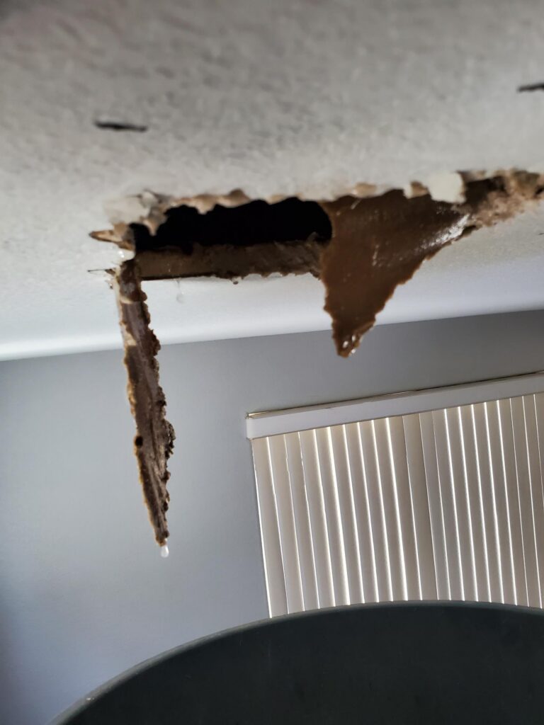 Section of ceiling drywall opened after a water leak