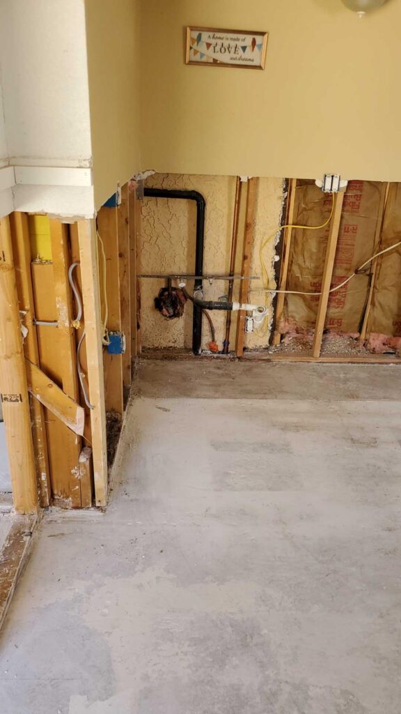 Kitchen wall opened to expose plumbing and wet framing